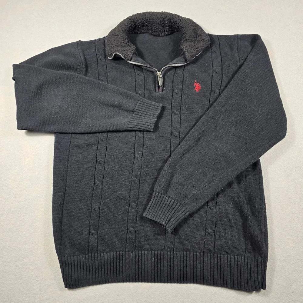 US Polo Assn Mens Medium Black Sweater Quarter Zip Cable Knit Sherpa Collar